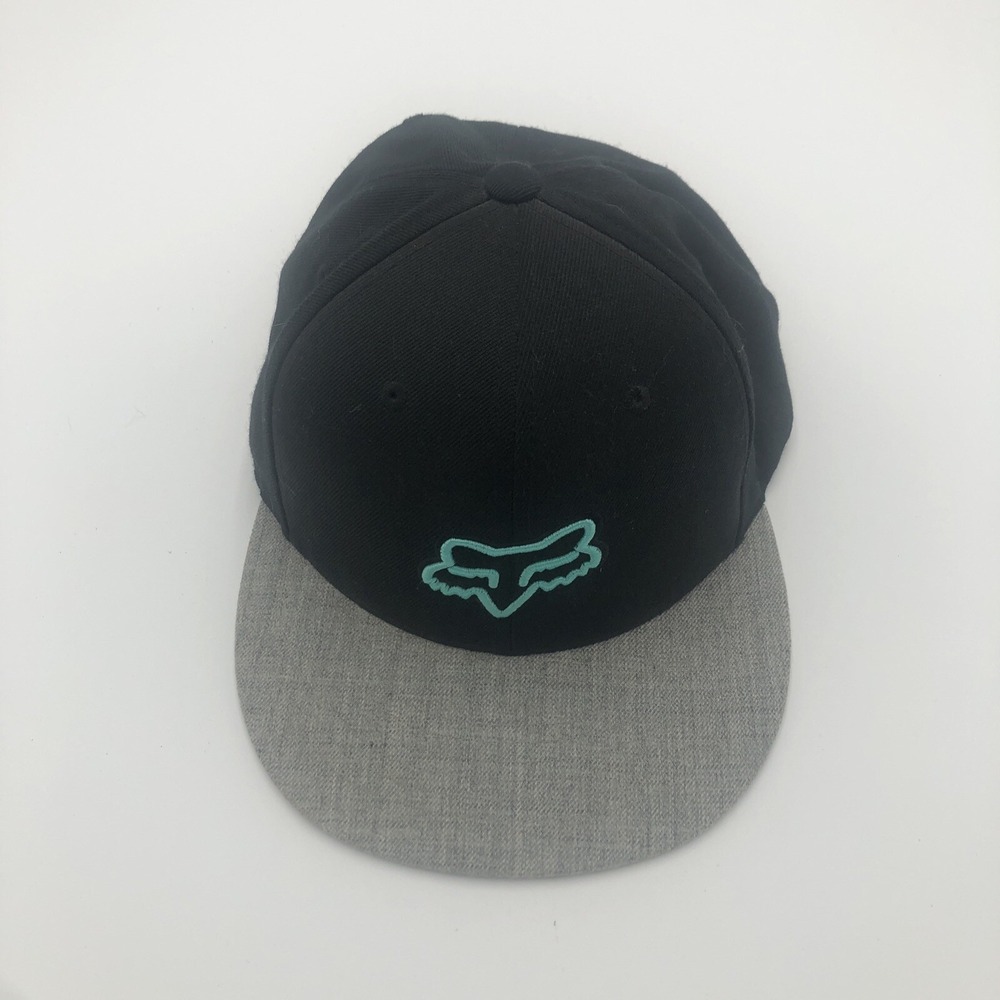 Fox Baseball Cap Hat Black Grey Snap Back Turquoise‎ Lid